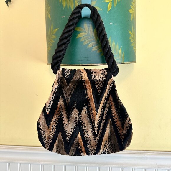 Carpetbags of American Velvet Chevron Print Handbag Mini Rope Handle Vintage - Picture 1 of 8